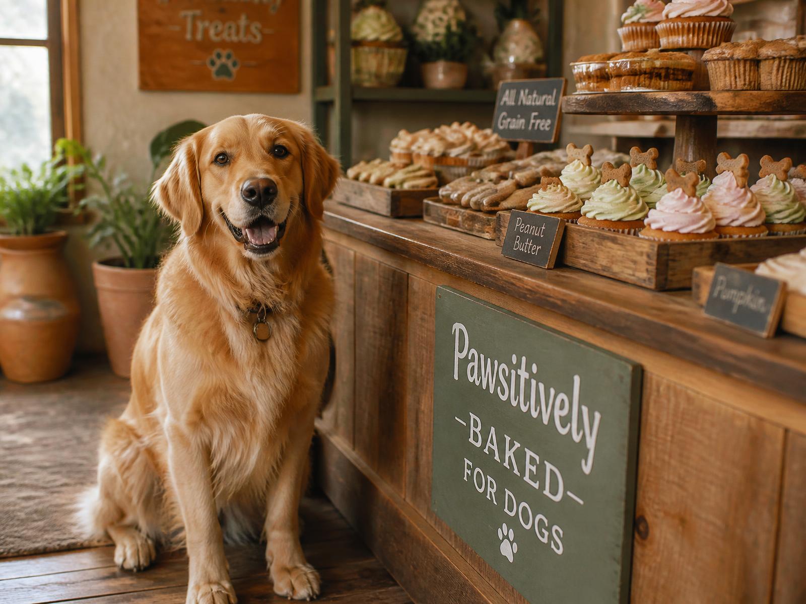 A golden retriever sitting beside a bakery counter of dog biscuits and pupcakes